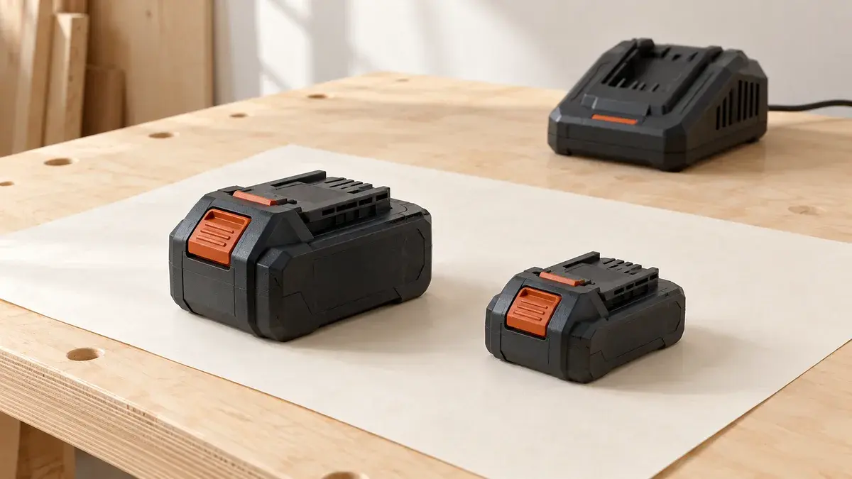 Illustration av två separata batteripaket och en laddare.